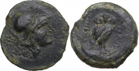 Greek Italy. Northern Apulia, Salapia. AE 16.5 mm, c. 225-210 BC. Obv. Head of Athena right, wearing Corinthian helmet; behind, star; below, ΣΑΛ. Rev....