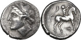 Greek Italy. Northern Apulia, Teate. AR Didrachm, c. 275-225 BC. Obv. Diademed head of nymph left, wearing tainia; behind, A. Rev. Youth on horseback ...