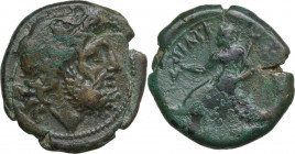 Greek Italy. Northern Apulia, Teate. AE Teruncius, c. 225-200 BC. Obv. Head of Poseidon right, wearing tainia; [behind, four pellets]. Rev. TIATI. Pos...