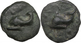 Greek Italy. Northern Apulia, Venusia. AE Cast Biunx, c. 215 BC. Obv. Dolphin left; above, two pellets. Rev. Dolphin left; above, VE ligate; below, tw...