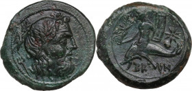 Greek Italy. Southern Apulia, Brundisium. AE Semuncia, c. 213-211 BC. Obv. Laureate head of Poseidon right; behind, Nike crowning him and trident. Rev...