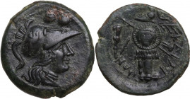 Greek Italy. Southern Apulia, Caelia. AE Sextans, c. 220-150 BC. Obv. Head of Athena right, wearing Corinthian helmet decorated with griffin; above, t...