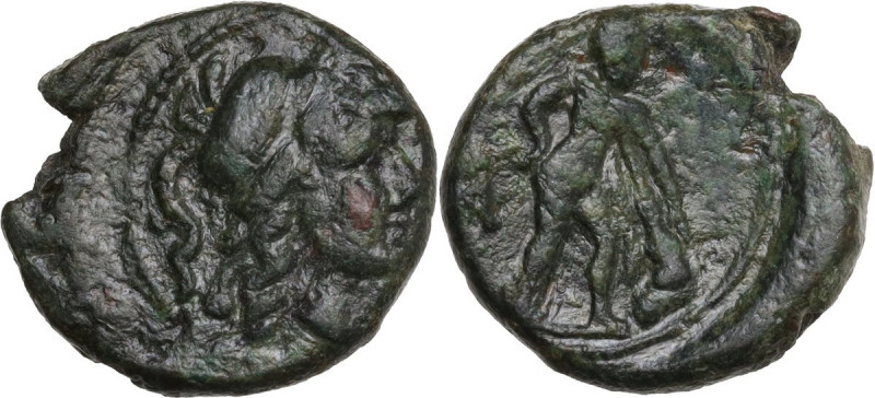 Greek Italy. Southern Apulia, Mateolum. AE Uncia, c. 210-150 BC. Obv. Helmeted h...