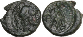 Greek Italy. Southern Apulia, Mateolum. AE Uncia, c. 210-150 BC. Obv. Helmeted head of Athena right; [two pellets above]. Rev. Herakles standing right...