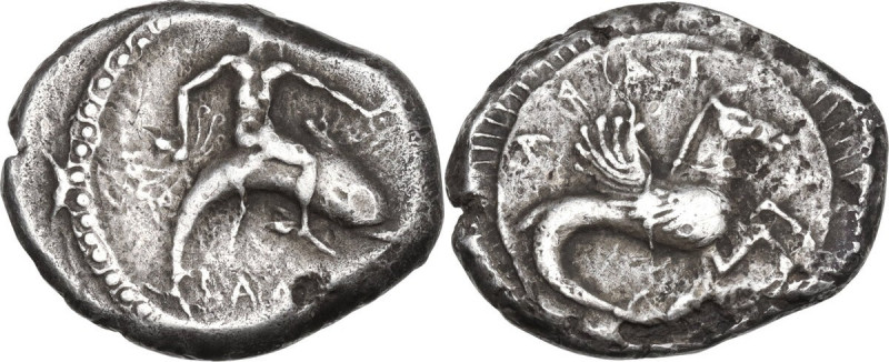 Greek Italy. Southern Apulia, Tarentum. AR Nomos, c. 490-480 BC. Obv. Phalanthos...