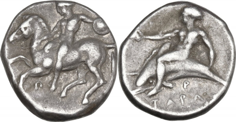Greek Italy. Southern Apulia, Tarentum. AR Nomos, c. 380-340 BC. Obv. Naked hors...