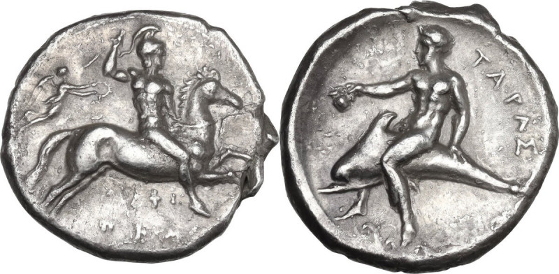 Greek Italy. Southern Apulia, Tarentum. AR Nomos, c. 344-334 BC. Obv. Hippaconti...