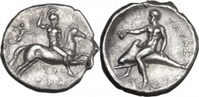 Greek Italy. Southern Apulia, Tarentum. AR Nomos, c. 344-334 BC. Obv. Hippacontist wearing crested helmet galloping right about to hurl a short javeli...