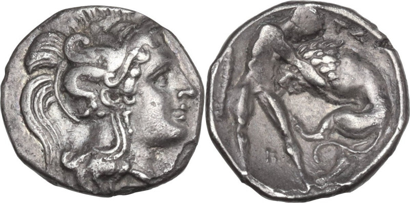 Greek Italy. Southern Apulia, Tarentum. AR Diobol, c. 380-325 BC. Obv. Helmeted ...