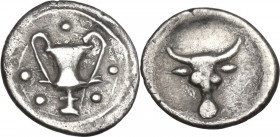 Greek Italy. Southern Apulia, Tarentum. AR Obol, c. 380-325 BC. Obv. Kantharos; around, five pellets. Rev. Bucranium. HN Italy 918; Vlasto 1617. AR. 0...