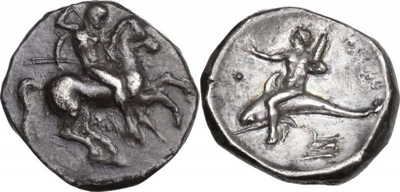Greek Italy. Southern Apulia, Tarentum. AR Nomos, c. 325-281 BC. Obv. Warrior, h...