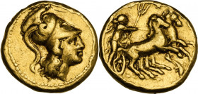 Greek Italy. Southern Apulia, Tarentum. AV Tetrobol-Third Stater. Time of Kleonymos. Circa 302 BC. Obv. Head of Athena right, wearing crested Corinthi...