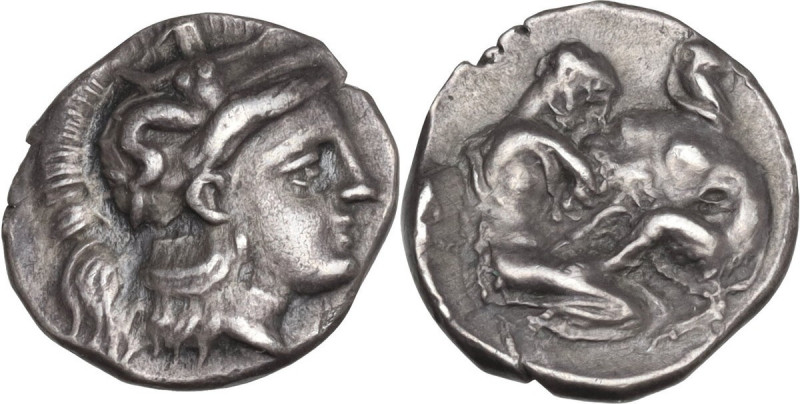 Greek Italy. Southern Apulia, Tarentum. AR Diobol, c. 325-280 BC. Obv. Helmeted ...