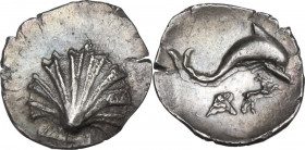 Greek Italy. Southern Apulia, Tarentum. AR Litra, c. 420-227 BC. Obv. Cockle shell. Rev. Dolphin swimming right; below, AP monogram and doe right. HN ...