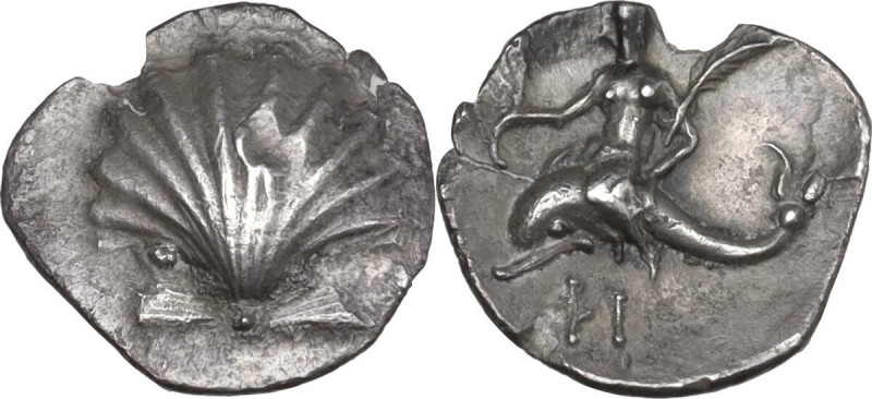 Greek Italy. Southern Apulia, Tarentum. AR Obol, c. 280-228 BC. Obv. Cockle shel...