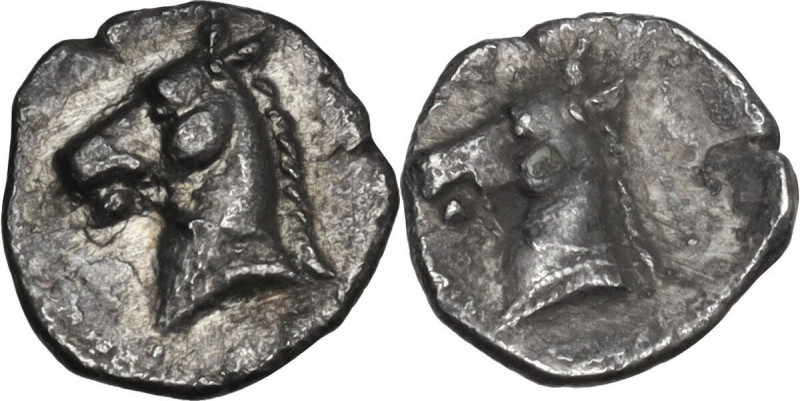 Greek Italy. Southern Apulia, Tarentum. AR 3/4 Obol, 325-280 BC. Obv. Head of ho...