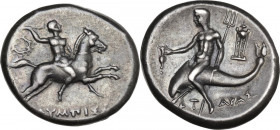 Greek Italy. Southern Apulia, Tarentum. AR Nomos, c. 240-228 BC. Olympis magistrate. Obv. Nude warrior, brandishing javelin, on horse galloping right;...