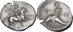 Greek Italy. Southern Apulia, Tarentum. AR Nomos, c. 240-228 BC. Reduced standard. Aristippos, magistrate. Obv. Nude rider holding filleted palm on ho...
