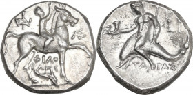 Greek Italy. Southern Apulia, Tarentum. AR Nomos, c. 240-228 BC. Philokles magistrate. Obv. Nude youth, crowning horse, on horse walking right; monogr...