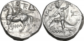 Greek Italy. Southern Apulia, Tarentum. AR Nomos, c. 240-228 BC. Xenokrates magistrate. Obv. Dioskouros, head facing, bearded with long flowing hair, ...