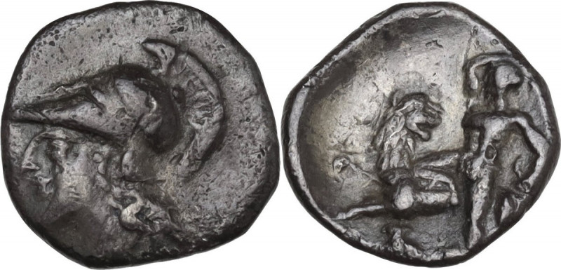 Greek Italy. Southern Apulia, Tarentum. AR Diobol, c. 280-228 BC. Obv. Head of A...
