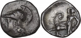 Greek Italy. Southern Apulia, Tarentum. AR Diobol, c. 280-228 BC. Obv. Head of Athena left, wearing crested Corinthian helmet. Rev. Herakles, preparin...
