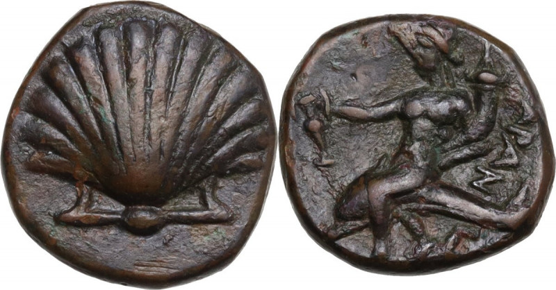 Greek Italy. Southern Apulia, Tarentum. AE 14 mm, c. 275-200 BC. Obv. Cockle she...
