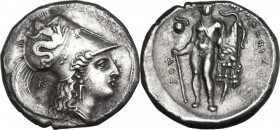 Greek Italy. Southern Lucania, Heraclea. AR Nomos, c. 330-325 BC. Obv. I-ΗΕΡΑΚΛHΙΩΝ. Head of Athena right, wearing Corinthian helmet decorated with Sk...