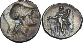 Greek Italy. Southern Lucania, Heraclea. AR Nomos. Early Pyrrhic period, c. 281-278 BC. Obv. Head of Athena right, wearing Corinthian helmet decorated...