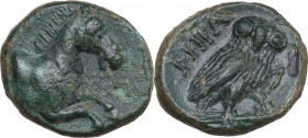 Greek Italy. Southern Lucania, Heraclea. Ae 13 mm, c. 280-150 BC. Obv. Forepart of horse galloping right. Rev. I-HPA. Owl standing right on thunderbol...