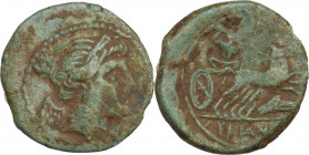 Greek Italy. Southern Lucania, The Lucanians. Half-Unit, c. 207-204 BC. Obv. Diademed bust of winged Nike right, quiver over shoulder. Rev. Zeus in bi...