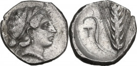 Greek Italy. Southern Lucania, Metapontum. AR Nomos, c. 400-340 BC. Obv. Head of Demeter right, wearing fillet; |-ΥΓΙΕΙΑ in thiny letters on neck tran...