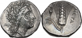 Greek Italy. Southern Lucania, Metapontum. AR Nomos, c. 290-280 BC. Obv. Head of Demeter right, wreathed with grain; behind, ΔΙ. Rev. META. Barley ear...