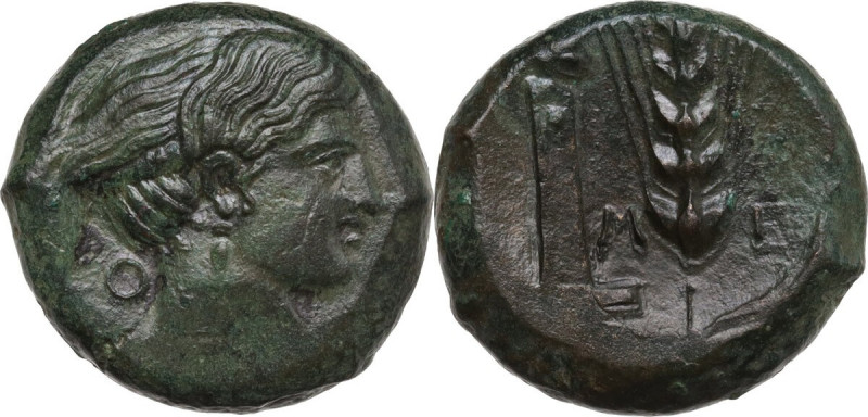 Greek Italy. Southern Lucania, Metapontum. AE Obol, c. 425-350 BC. Obv. Head of ...