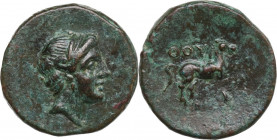 Greek Italy. Southern Lucania, Thurium. AE 15.5 mm, c. 280-270 BC. Obv. Head of Apollo right. Rev. ΘΟΥ. Horse galloping right; [monogram below]. HN It...