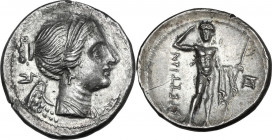 Greek Italy. Bruttium, Brettii. AR Drachm, c. 216-214 BC. Second Punic War issue. Obv. Diademed and draped bust of Nike right; behind, plow right. Rev...