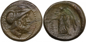 Greek Italy. Bruttium, Petelia. AE 17 mm, c. 216-204 BC. Obv. Head of Ares right, wearing crested Corinthian helmet. Rev. ΠETH-ΛINΩN. Nike standing to...