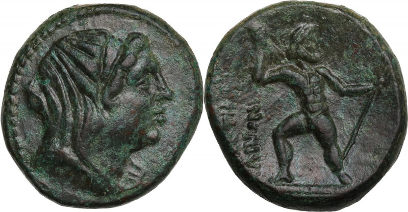 Greek Italy. Bruttium, Petelia. AE 20 mm, c. 216-204 BC. Obv. Veiled and wreathe...