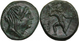 Greek Italy. Bruttium, Petelia. AE 20 mm, c. 216-204 BC. Obv. Veiled and wreathed head of Demeter right. Rev. ΠETH-ΛINΩN. Zeus standing right, prepari...