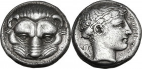 Greek Italy. Bruttium, Rhegion. AR Tetradrachm, c. 420-410 BC. Obv. Lion’s mask facing. Rev. PEΓINOΣ Laureate head of Apollo right; behind, olive-spri...