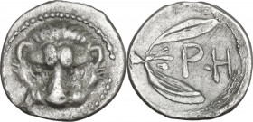 Greek Italy. Bruttium, Rhegion. AR Litra, c. 415/410-387 BC. Obv. Lion's mask. Rev. P•H between two leaved olive spray. HN Italy 2499; HGC 1 1655; Cf....