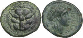 Greek Italy. Bruttium, Rhegion. AE 16.5 mm, c. 350-281 BC. Obv. Lion's mask. Rev. ΡΗΓΙΝΩΝ. Laureate head of Apollo right; behind, ivy leaf. HN Italy 2...