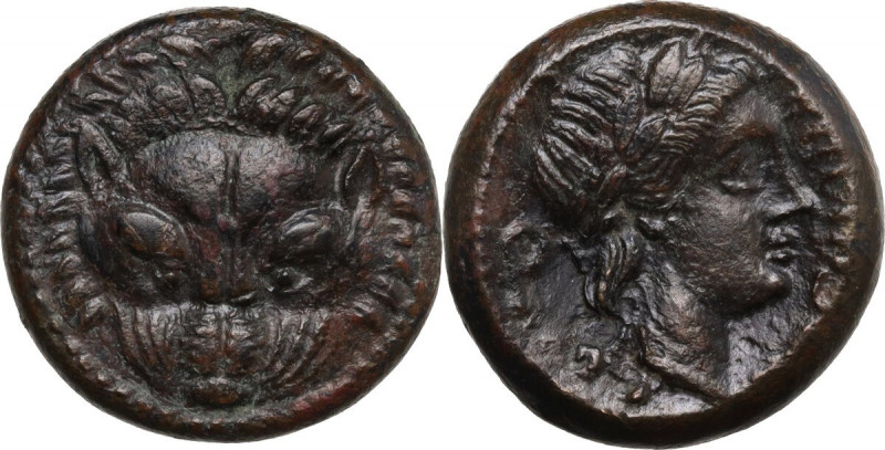 Greek Italy. Bruttium, Rhegion. AE 20 mm, c. 350-281 BC. Obv. Facing lion-mask w...