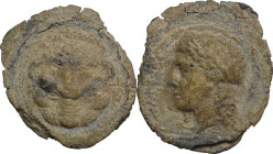 Greek Italy. Bruttium, Rhegion. PB Votive (?) 'Tetradrachm', struck with dies of AR Tetradrachm, c. 300-280 BC. Obv. [PHΓINOΣ]. Laureate head of Apoll...