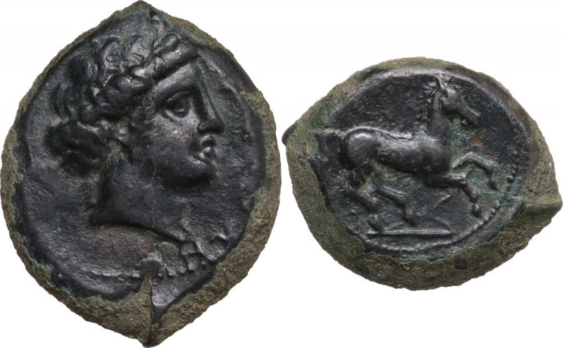 Sicily. Aitna. AE 20.5 mm. c. 355-339 BC. Obv. [ΑΙΤΝΑΙ]ΩΝ. Head of Persephone ri...