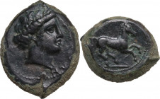 Sicily. Aitna. AE 20.5 mm. c. 355-339 BC. Obv. [ΑΙΤΝΑΙ]ΩΝ. Head of Persephone right, wreathed with grain. Rev. Horse galloping right, trailing reins. ...