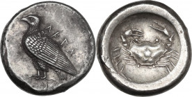 Sicily. Akragas. AR Didrachm, c. 495-480/478 BC. Obv. AKPA. Sea-eagle standing left. Rev. Crab within shallow incuse circle. HGC 2 94; SNG ANS 941 (sa...