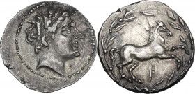 Sicily. Akragas. AR Half Shekel-Drachm. Siculo Punic Issue, c. 213-210 BC. Obv. Male head right (Triptolemos?), wearing wreath of grain ears; small pe...