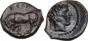 Sicily. Gela. AE Onkia, c. 420-405 BC. Obv. ΓΕΛΑ[Σ]. Bull standing left, with head lowered; pellet in exergue. Rev. Horned head of river-god right. HG...