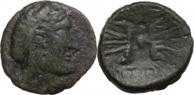 Sicily. Henna. AE 23 mm, c. 135-132 BC. Obv. Diademed head of Antiochos-Eunos right. Rev. BACI/ ANTIOX. Winged thunderbolt. HGC 2 401; CNS III 7; Buce...